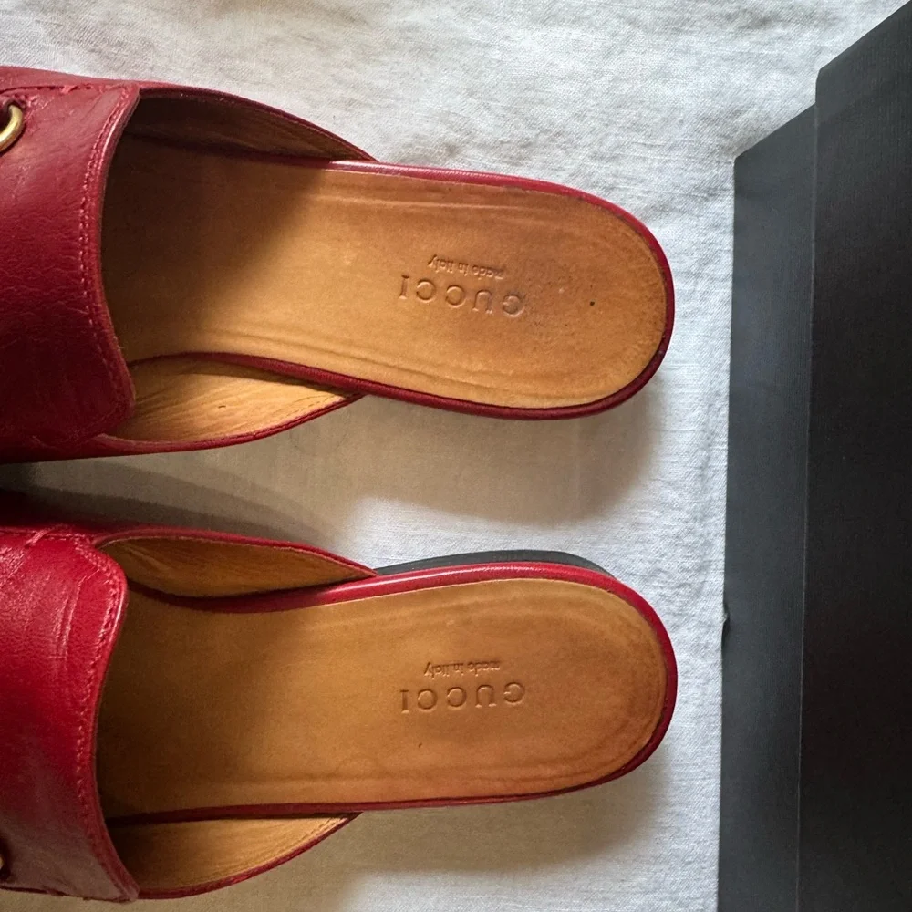 Gucci Burgundy Leather Mules with Gold Detail - Picture 3 of 10